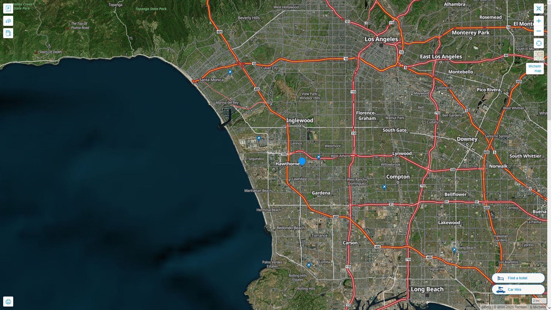Hawthorne California Highway and Road Map with Satellite View